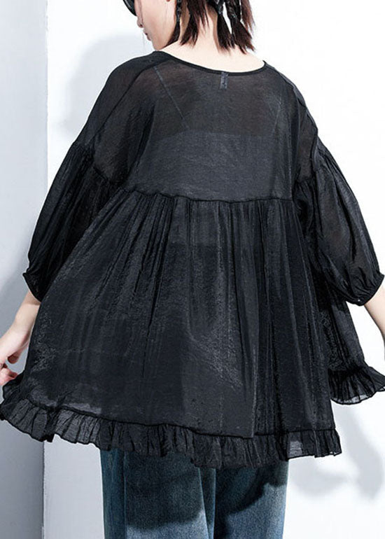 Fine Black V Neck Tie Wrinkled Top Three Quarter Sleeve