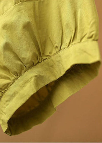 Yellow V Neck Patchwork Cotton Loose Shirt Tops Short Sleeve
