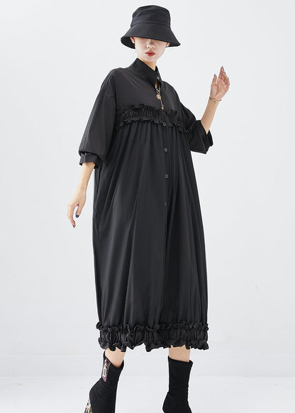 Diy Black Stand Collar Ruffled Cotton Vacation Dresses Fall
