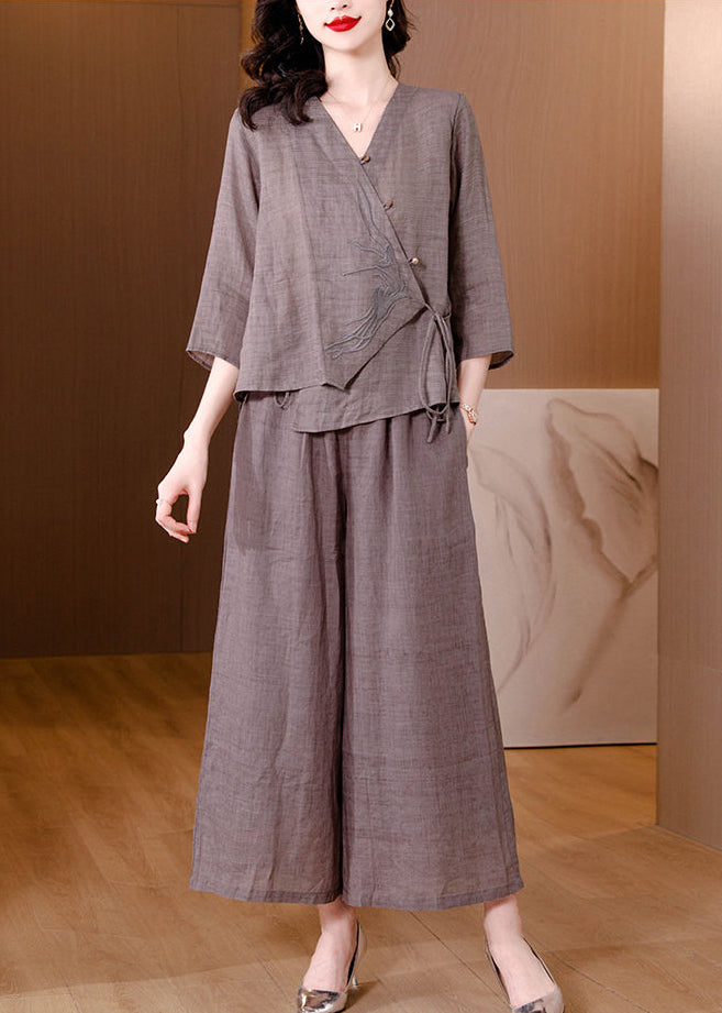 Brown Linen Two Pieces Set Embroidered Tie Waist Spring