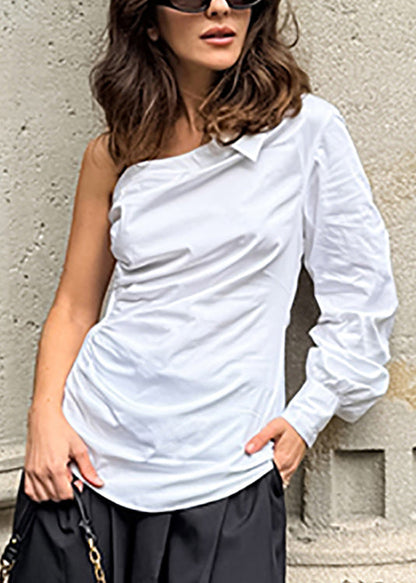 Original Design White One-shoulder Cotton Shirt Fall