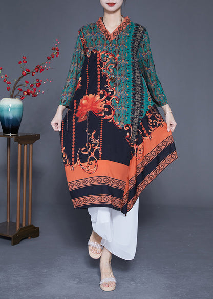 Green Asymmetrical Patchwork Print Silk Maxi Dresses Spring