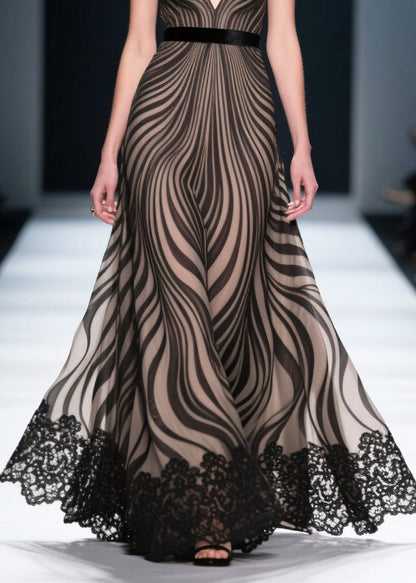 Black Zebra Pattern Chiffon Party Dresses Exra Large Hem Summer