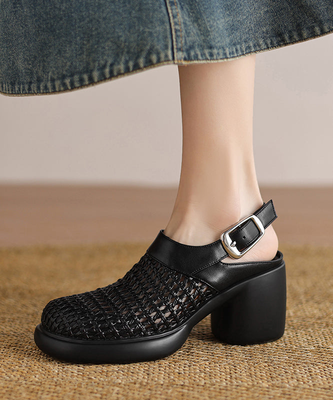 Black Chunky Heel Faux Leather Sandals Hollow Out