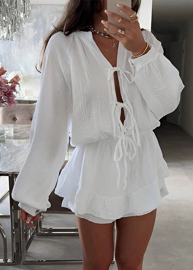 New White Lace Up Cotton Mid Dress Spring