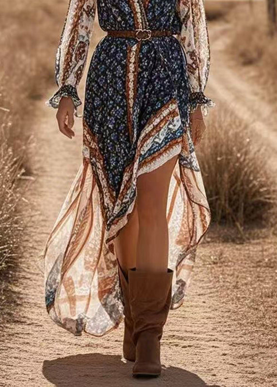 Blue V Neck Print Asymmetrical Chiffon Holiday Maxi Dress Spring
