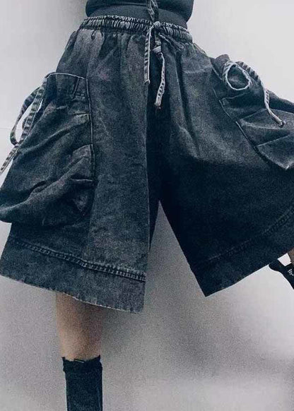 Black Elastic Waist Big Pockets Cotton Wide Led Shorts Summer