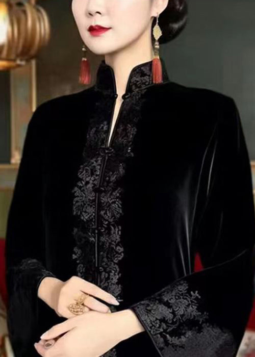 New Black Embroideried Button Fleece Silk Velour Long Dresses Flare Sleeve Fall