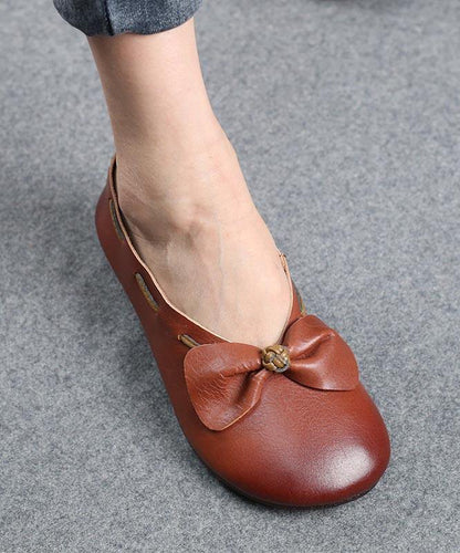 Chocolate Bow Cowhide Flat Shoes for
