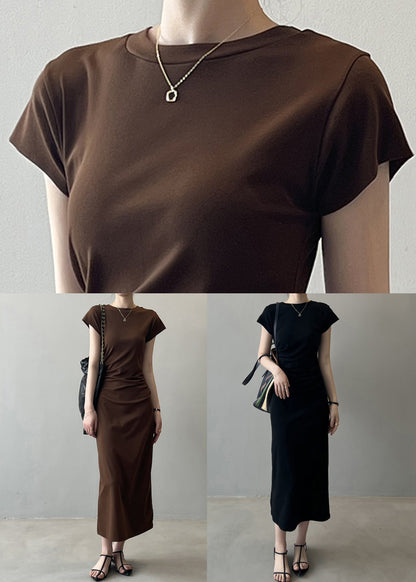 Black High Waist Cotton Dress O-neck Short Sleeve