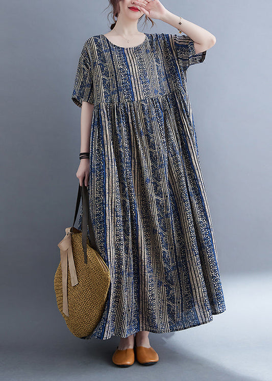Boutique Blue O-neck Cinched Print Extra Large Hem Holiday Dress Short Sleeve