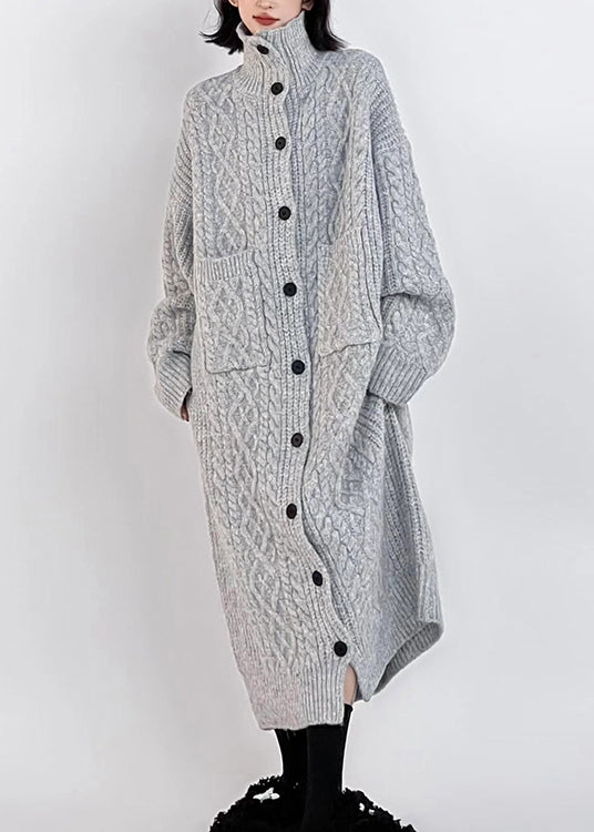 Grey Hign Neck Button Long Knit Cardigan Winter