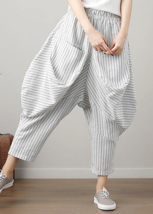 Natural Striped Drop-crotch Cotton Linen Pants Summer
