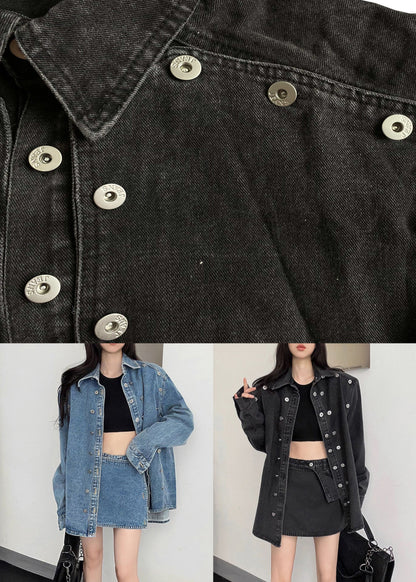 French Blue Peter Pan Collar Button Denim Two-piece Set Fall