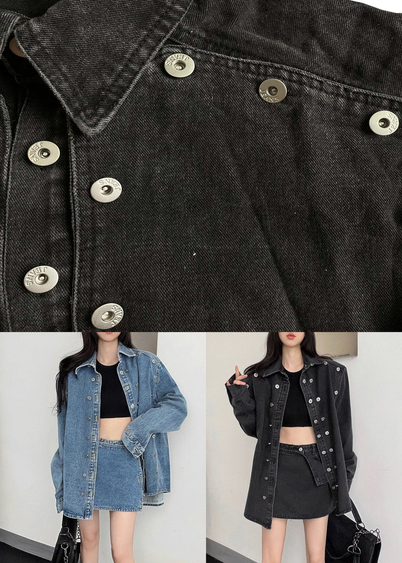 French Blue Peter Pan Collar Button Denim Two-piece Set Fall