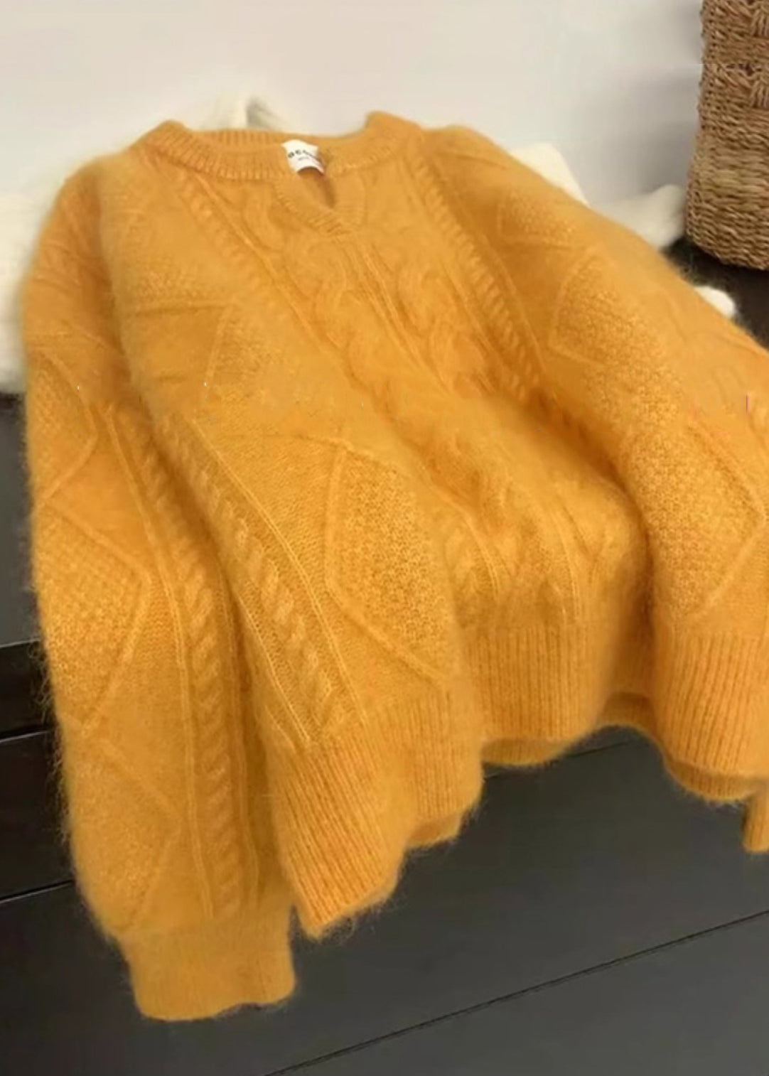 Orange V Neck Thick Cable Knit Sweater Winter