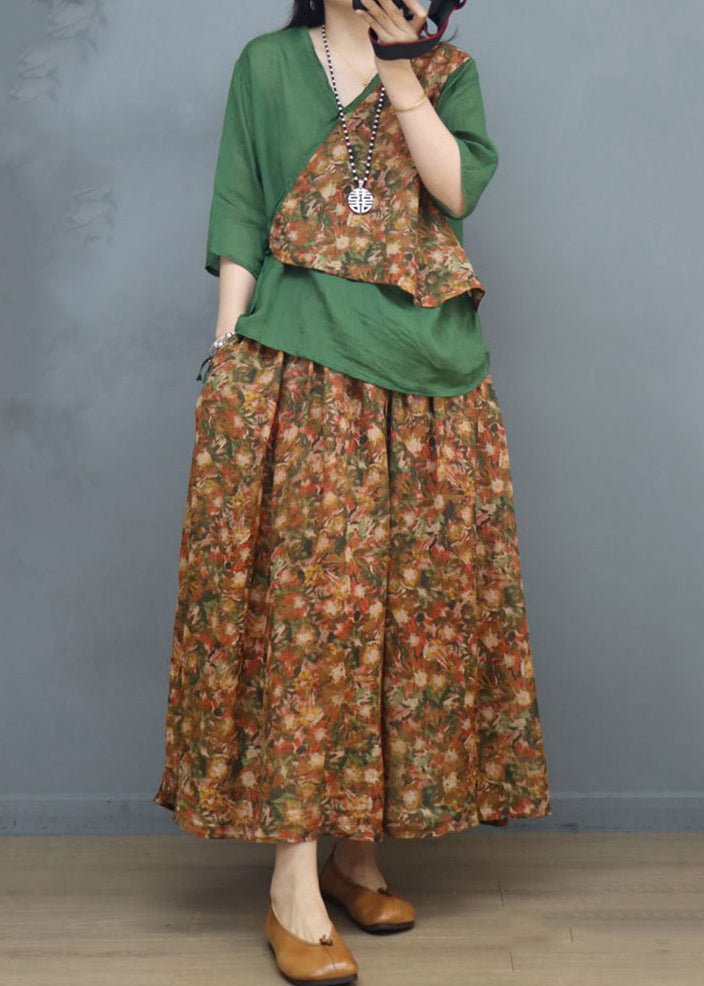 Green Lace Up Patchwork Cotton Two Piece Set V Neck Half Sleeve