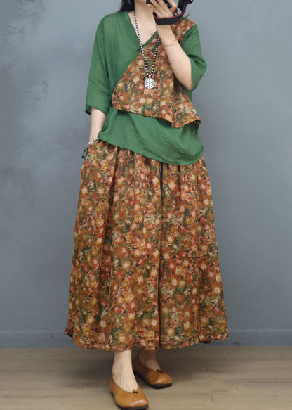 Green Lace Up Patchwork Cotton Two Piece Set V Neck Half Sleeve