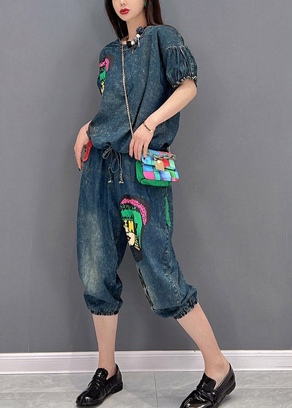 Handmade Blue O-neck Wrinkled Appliques Denim Tops and Pants Two Piece Set Clothing Short Sleeve