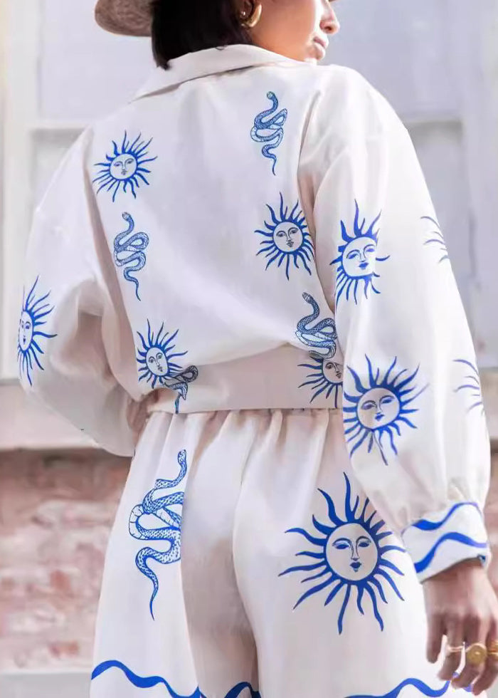 White Peter Pan Collar Print Elastic Waist Linen Two Pieces Set Spring