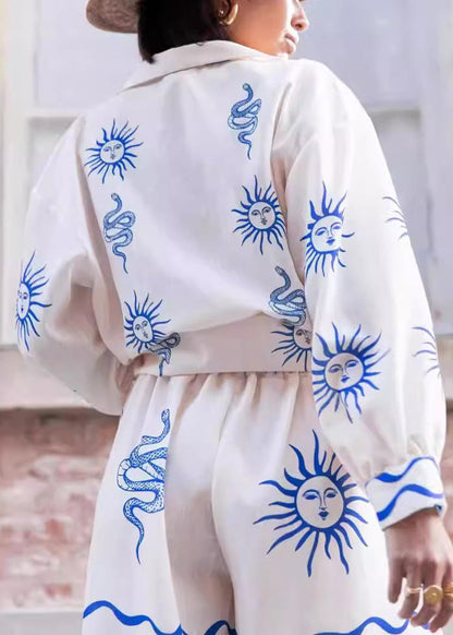 White Peter Pan Collar Print Elastic Waist Linen Two Pieces Set Spring