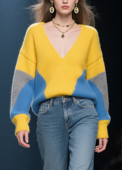 Unique Yellow V Neck Patchwork Cozy Sweaters Winter