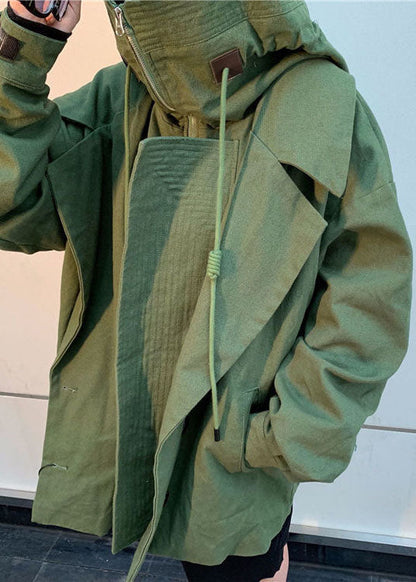 Green Loose Zippered Pockets Fall Coat
