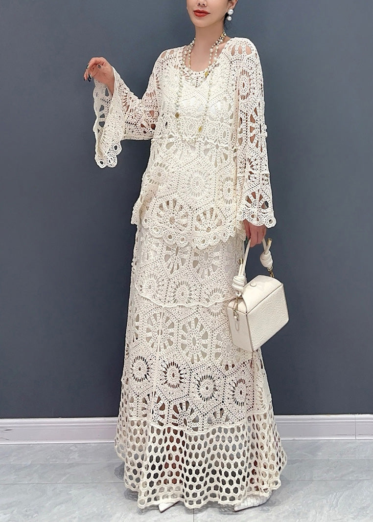White Hollow Out Knit Two Piece Set Outfits Summer