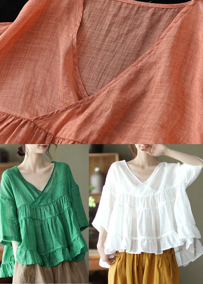 Green V Neck Patchwork Linen Tops Half Sleeve