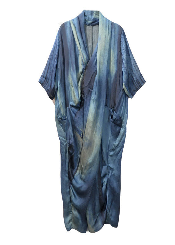 Blue Retro Asymmetrical Design Pockets Fall Maxi Dresses Half Sleeve