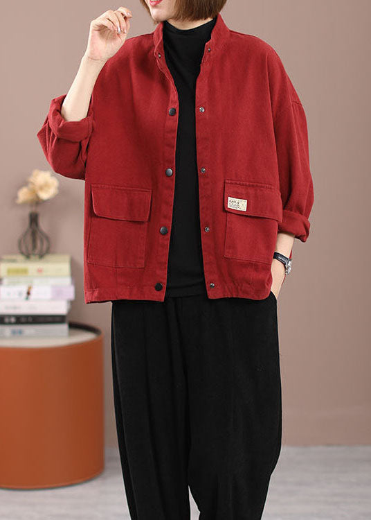 Red Pockets Patchwork Denim Jackets Spring