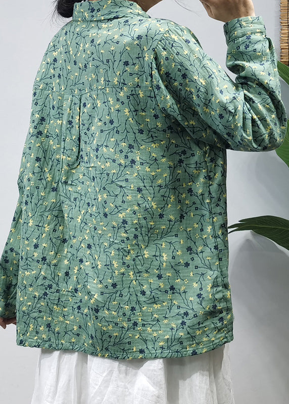 Classy Green Button Peter Pan Collar Wrinkled Cotton Shirts Long Sleeve