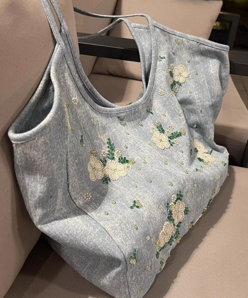 Blue Embroideried Large Capacity Denim Shoulder Bag