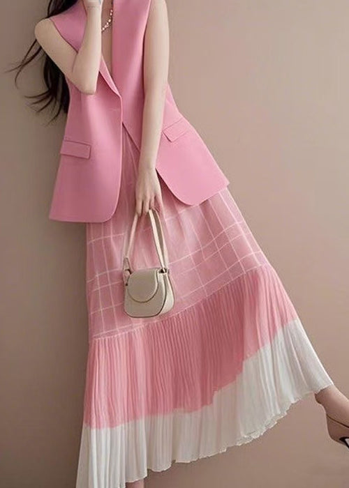 Pink V Neck Waistcoat and Wrinkled Skirts Two Pieces Set Sleeveless