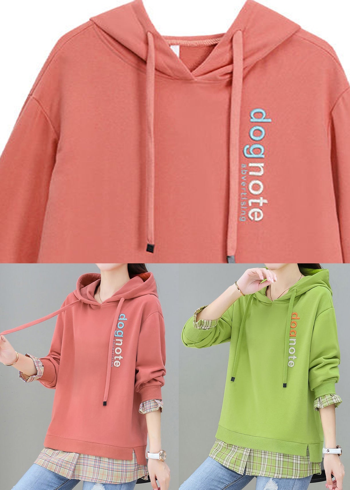 Red Patchwork Fake Two Pieces Hooded Cotton Sweatshirt Long Sleeve