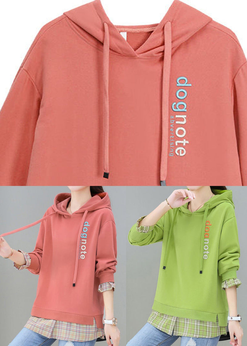 Red Patchwork Fake Two Pieces Hooded Cotton Sweatshirt Long Sleeve