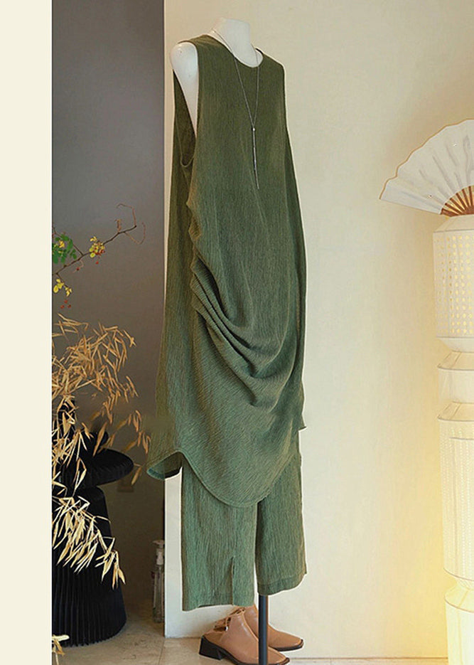 Green Asymmetrical Button Cotton Two Pieces Set Sleeveless