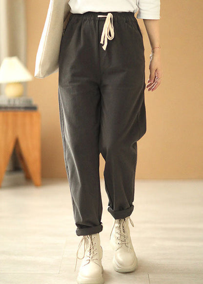 Grey Tie Waist Pockets Straight Fall Pants