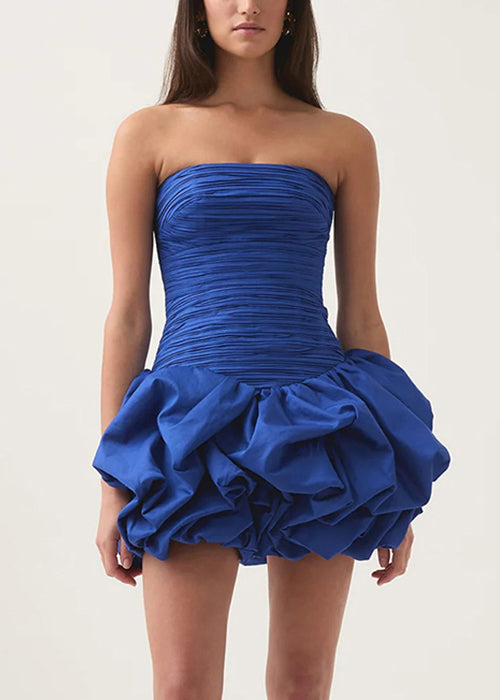 Blue Wrinkled Cotton Mid Dress Strapless Summer