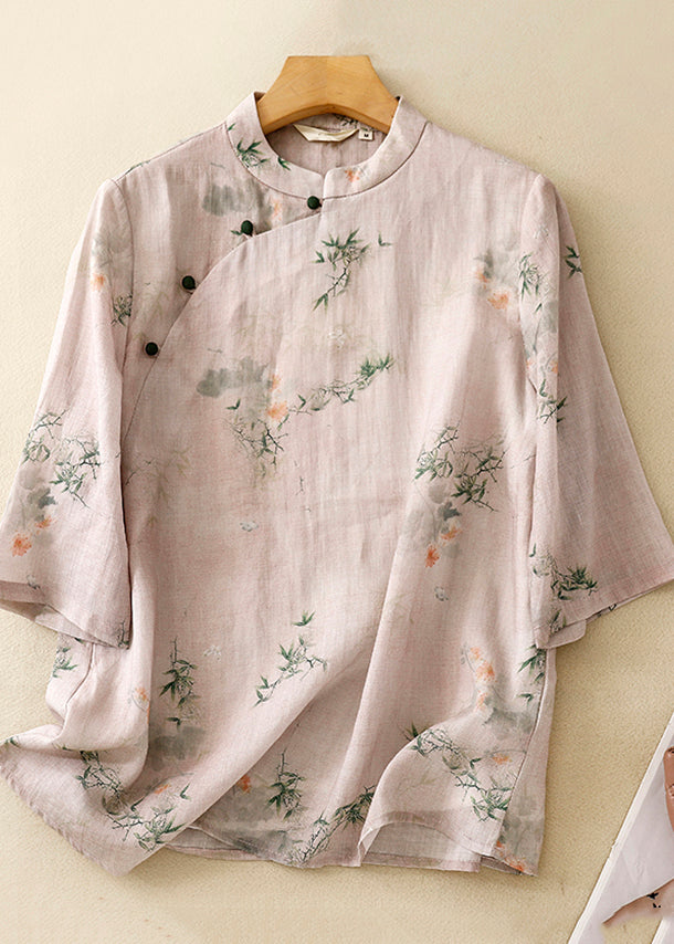 Versatile Pink Stand Collar Print Cotton Shirts Summer