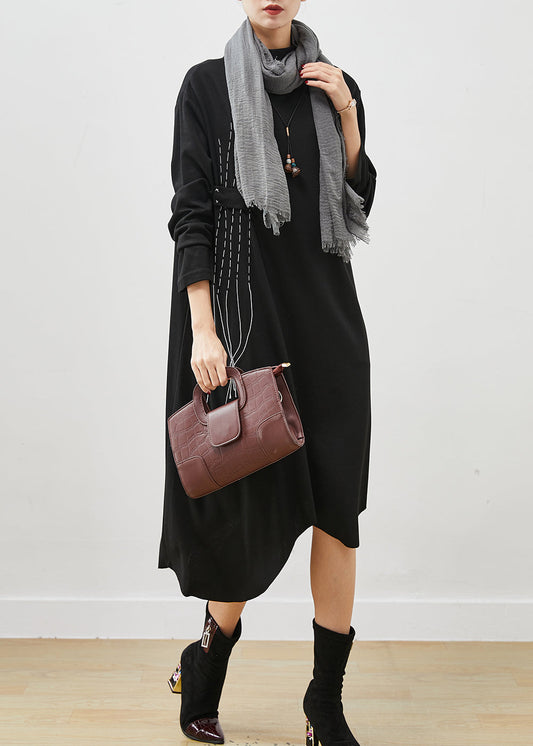 Black Asymmetrical Embroideried Cotton Dress Spring