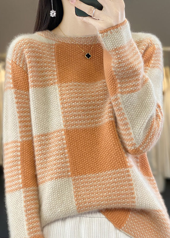 Boutique Camel O-neck Plaid Patchwork Cashmere Knit Sweater Tops Spring