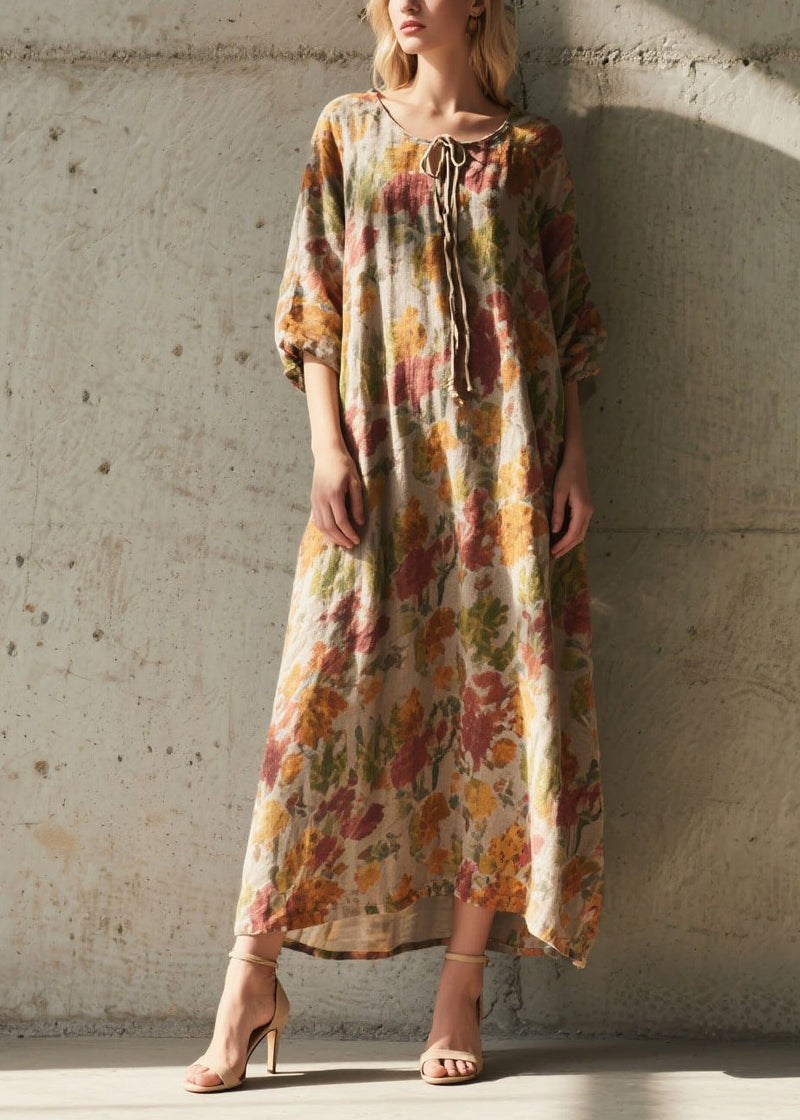 Khaki Tie Neck Print Cotton Holiday Dress Summer