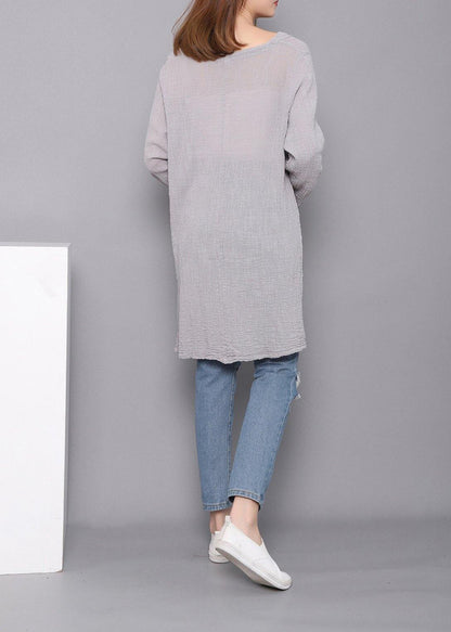 Gray U Neck Low High Design Linen Shirts Spring