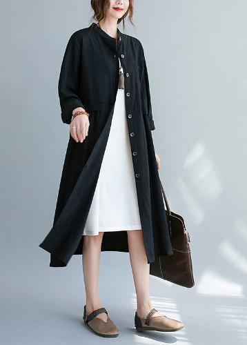 French Black Clothes Stand Collar Button Down a Line Spring Dress