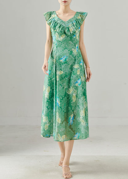 Unique Green Ruffled Butterfly Silk Long Dress Summer