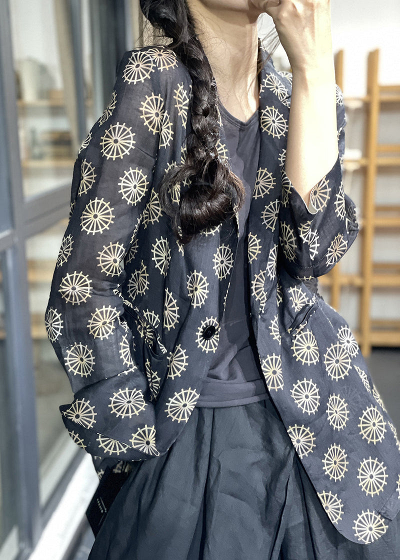 Navy Notched Print Button Coats Long Sleeve