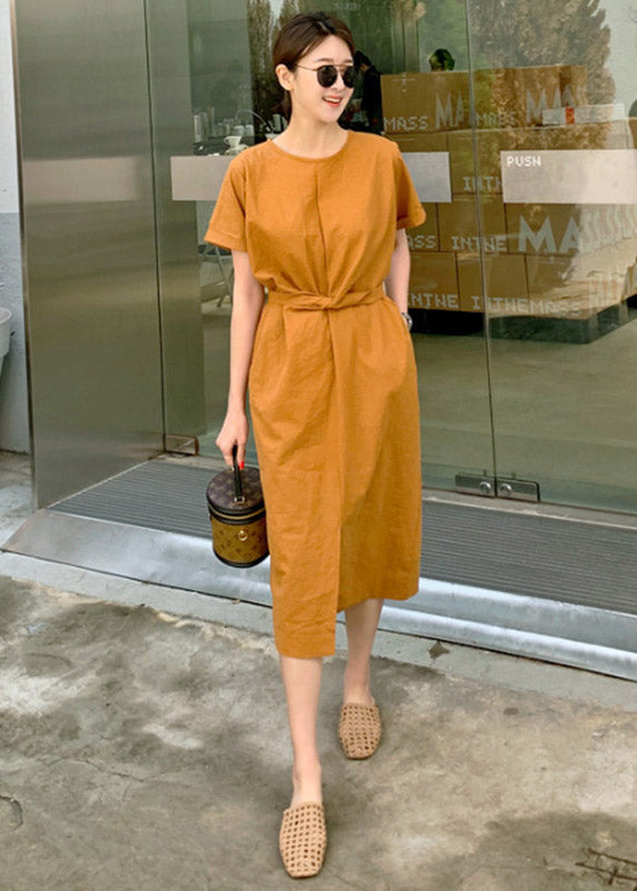 Ginger O-neck Tie Waist Dress Short Sleeve