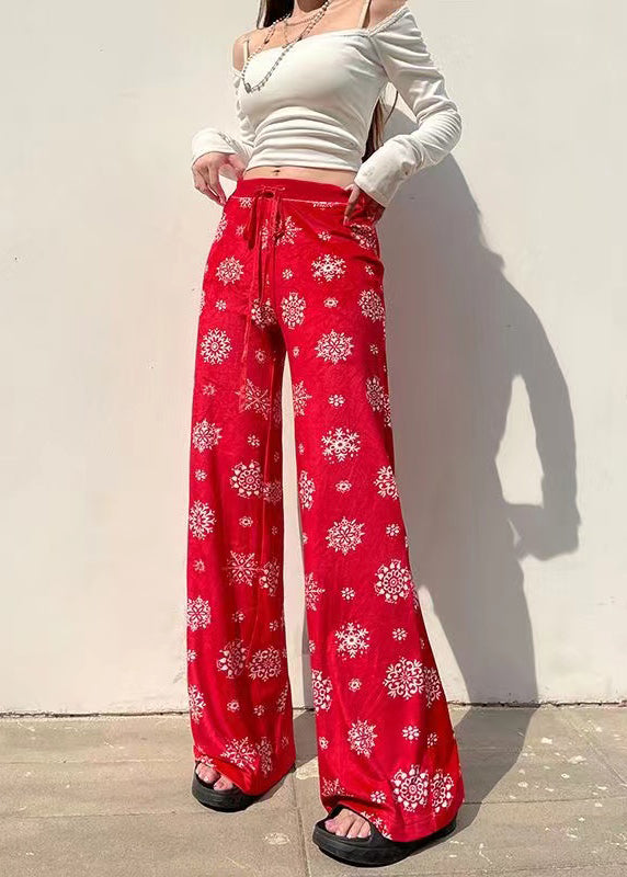 Red Print Tie Waist Silk Velvet Straight Pants Fall