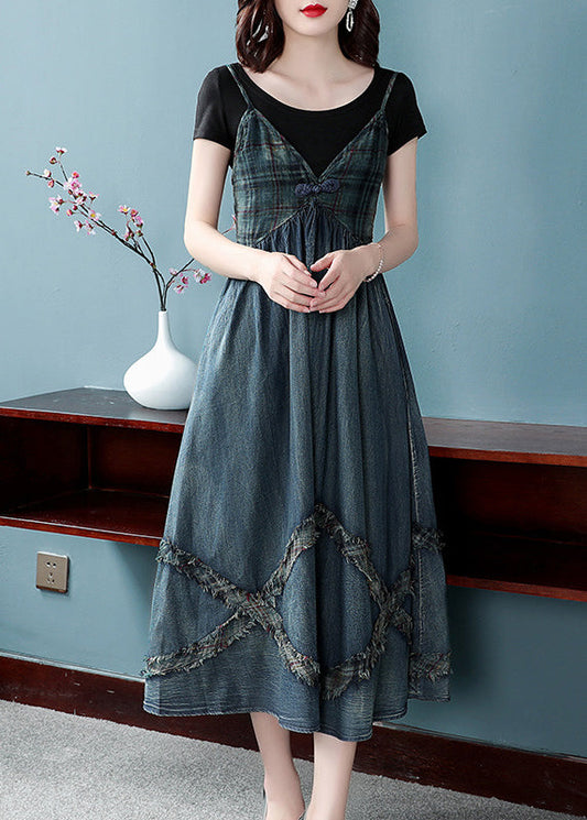Blue Cinched V Neck Patchwork Spaghetti Strap Cotton Denim Dresses Spring